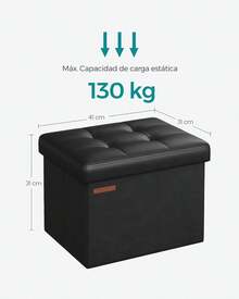 SONGMICS - Taburete de Almacenamiento Plegable pequeño, reposapiés Cubo, Cuero sintético, 12.2 x 16.1 x 12.2 Pulgadas, Capacidad de 280 Libras, para Sala de Estar, Dormitorio, Dormitorio, café. YIK4 - Negro - Ver 2