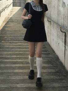 女款格紋拼接拼色休閒百搭日常短袖T恤 - 黑色 - 查看 6