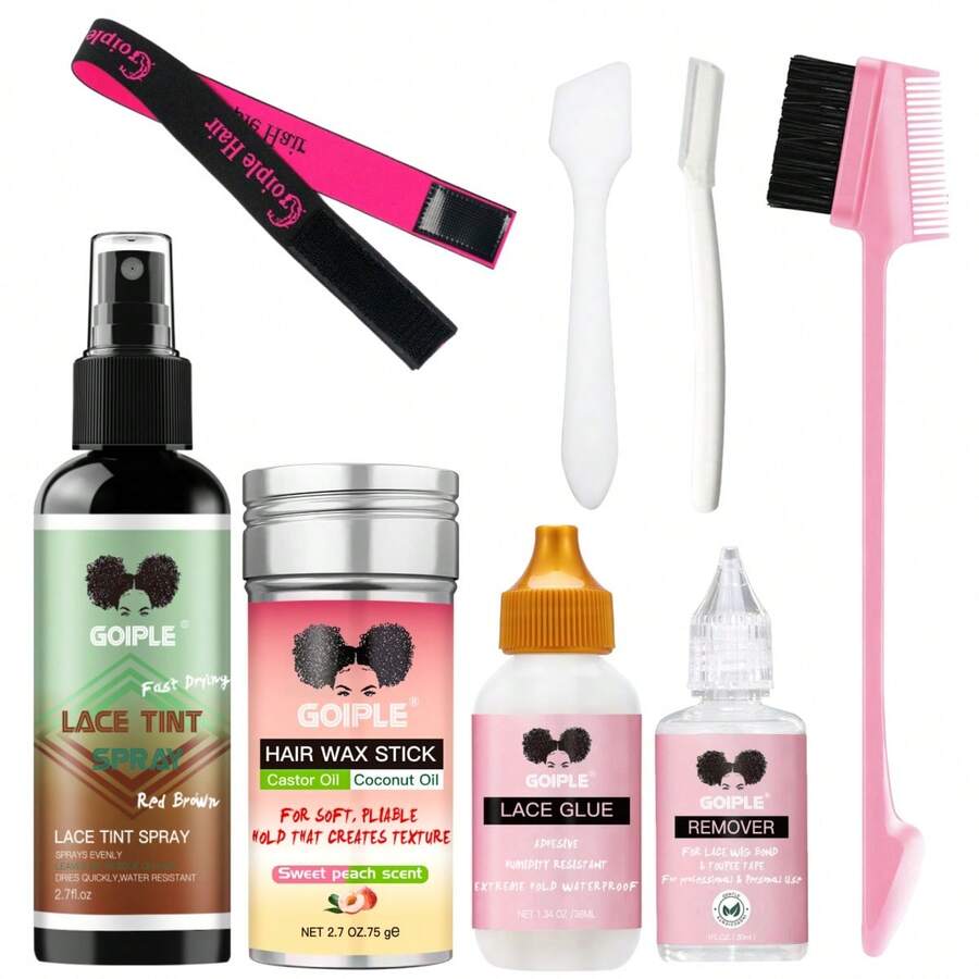 Goiple Lace Wig Installation Kit, Invisible Adhesive And Waterproof, Secure, Includes Hair Dye Spray, Wig Glue And Adhesive Remover, Hair Wax Stick, Applicator, Razor, Edge Brush, Elastic Band, Suitable For Lace Frontal, Lace Wig, Synthetic Wig, Halloween
