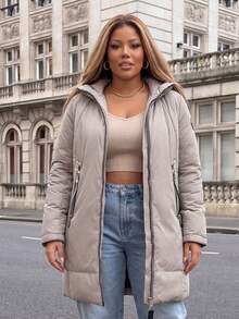 Astrid Plus Size Winter Casual Denim Detail Hooded Mid-Length Cotton Padded Coat - Beige - View 4