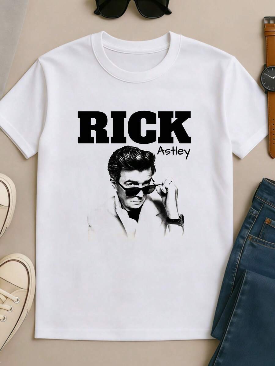 Rick_Astley_Retro_Schwarz_Weiß_Porträt_80er_Pop_Musik_Fan_Unisex_Baumwoll_T-Shirt - Weiss - Übersicht 1