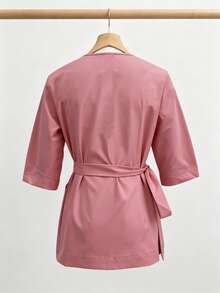 Solid Color V-Neck Mid-Sleeve Multi-Pocket Top, Fashionable Commuter Workwear For Women, Elegant And Comfortable Outdoor Top Pink Fall - Pink - View 2
