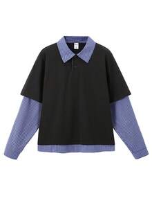 INFLATION Men's New 2-In-1 Long Sleeve T-Shirt, Miu-Style College Style Colorblock Polo Top - Black - View 3