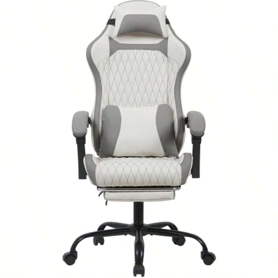 Silla ergonómica para juegos y oficina, fabricada en cuero sintético transpirable, equipada con reposapiés, estructura de acero y ruedas silenciosas, giratoria 360°, adecuada para la oficina en casa y para jugar. - Blanco - Ver 1