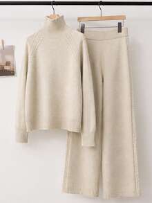 Damen Bescheidenes Outfit mit Hochhals Strickpullover und Weite Beinhose, Zweiteiler, Mittlere Dehnbarkeit für Herbst Alltagsmode - Aprikosenfarben - Übersicht 5