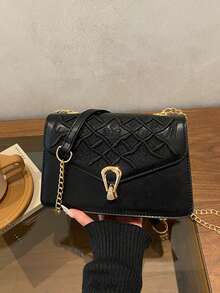 Tas Bahu Rantai Motif Kotak-kotak Berwarna Solid, Tas Pesta Malam Serbaguna dengan Penutup, Tas Tangan & Dompet Ringan Terbaru, Tas Selempang untuk Perjalanan Sehari-hari - Hitam - View 9