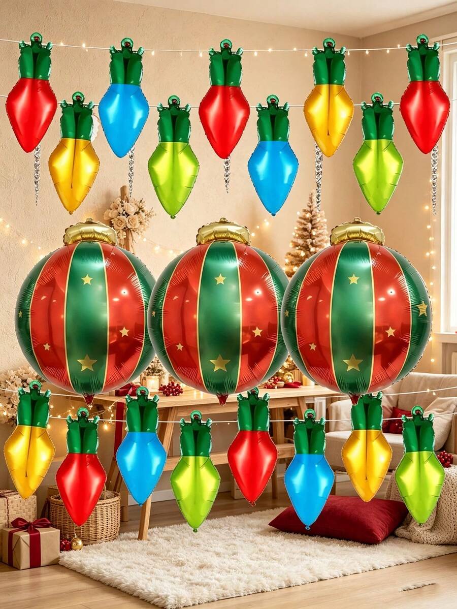 15pcs Large Christmas Light Bulb Shaped Foil Balloons, Suitable For Christmas Party Decoration 2D Balloons - View 1