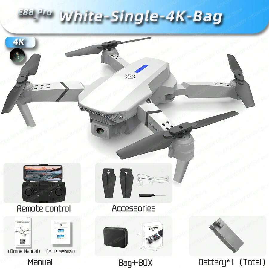 Avión Eléctrico de Control Remoto para Niños, Nuevo Dron RC E88Pro, Fotografía Aérea 4K, Gran Angular 1080P, Helicóptero Plegable Profesional, Transmisión de Imagen en Tiempo Real por WIFI FPV, Retención de Altitud, Aeronave de Control Remoto - Bolsa blanca individual de 4 kg - Ver 1