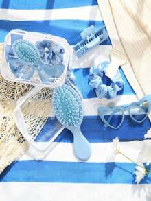 5件套新娘派对用品套装，包括透明化妆包、装饰眼镜、发夹、梳子、打结手链，适合婚礼、睡衣派对、单身派对等场合。 - 藍色 - 查看 7
