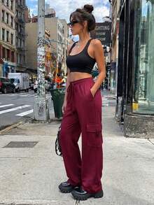 Burgundy Drawstring Waist Multi-Pocket Wide Leg Cargo Pants For Women, European & American Street Cool Hot Girl Style, Spring/Autumn Loose Drape Casual Pants - Burgundy - View 5