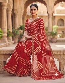 Estationeryhouse Chiffon Saree With Coloured Stripes With Unstitched Blouse - Red - View 2