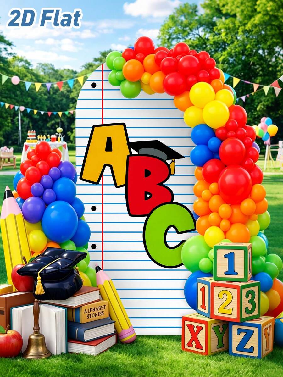 1 قطعة خلفية قماشية مقوسة للعودة إلى المدرسة، لافتة "دفتر ABC"، لوازم ومستلزمات بموضوع المدرسة والتخرج، ديكورات للعودة إلى المدرسة