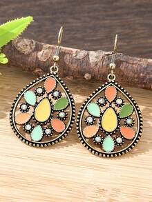 TopHanqi 1 Pair Macaron Colorful Glazed Water Drop Earrings, Vintage Antique Gold Bohemian Hollow Long Dangle Earrings For Women - Multicolor - View 5