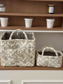 1pc Set French Vine Storage Basket Vintage Blue White Floral Quilted Handheld Portable Cosmetic Sundries Desktop Organizer Container Box Home Decor Craft Gift - View 7