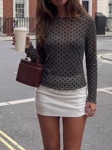 Women's Gray Heart Pattern Long Sleeve Crew Neck Knit Top - Black - View 6