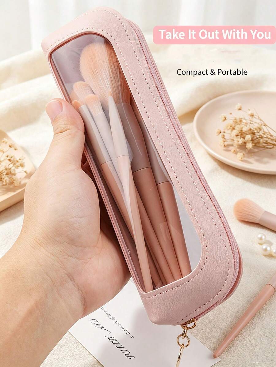 Transparent Window PU Makeup Brush Storage Bag, Triangular Stable Mini Portable Cosmetic Pouch For Travel Daily Vanity Makeup Brushes Organizer