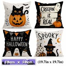 4pcs Black Cat Ghost Halloween Text Pattern Single-Sided Printed Pillow Covers/Cushion Covers, Multi-Scene Atmosphere Decorative Pillow Covers Suitable For Living Room, Sofa, Bedroom, Pillow Inserts Not Included - Multicolor - View 11