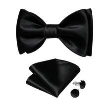 Set Aksesori Pesta Malam Lengkap: Dasi Kupu-kupu Hitam, Sapu Tangan, Manset, Cincin, Set Dekorasi Jas Lengkap - Hitam - View 2