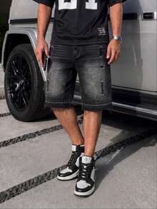Men's Summer Black & Grey Washed Distressed Frayed Denim Shorts, American Hip Hop Loose Straight Leg Patchwork Mid-Length Pants - Black - View 3