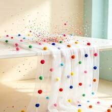 Cute Party Tablecloth With 3D Velvet Pom Poms, Colorful Polka Dot Confetti Tulle Table Runner, Macaron Color Mesh Tulle Rainbow Table Decor, Suitable For Birthday, Wedding, Home, Baptism Party - Multicolor - View 2