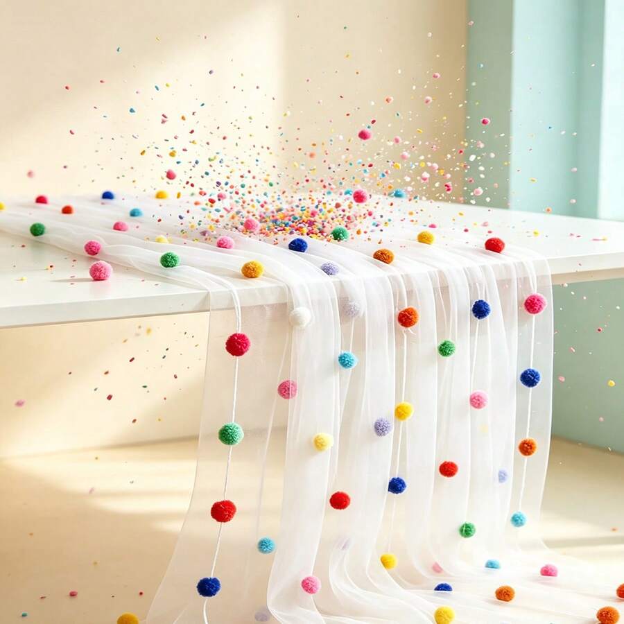Cute Party Tablecloth With 3D Velvet Pom Poms, Colorful Polka Dot Confetti Tulle Table Runner, Macaron Color Mesh Tulle Rainbow Table Decor, Suitable For Birthday, Wedding, Home, Baptism Party