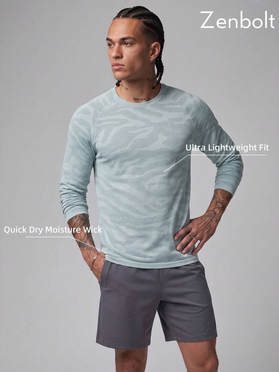 Zenbolt Men's Crew Neck Raglan Long Sleeve Tee Allover Wave Camo Print, Waffle Mesh Fabric, Slim Fit For Daily Casual Wear - Mint Green - View 1