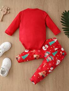 My First Christmas Theme Red Baby Long Sleeve Bodysuit & Pants 2 Pieces Set, Christmas Tree Snowman Reindeer All-Over Print Separates - Multicolor - View 4