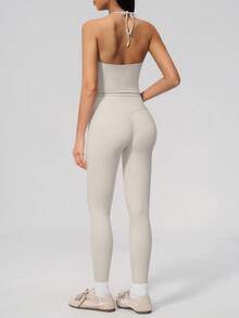 NcmRyu Women's One Set Solid Color Halter Tie U-Neck Backless Cropped Tank Top & High Waist Ankle Pants Sports Set - Grey - View 3