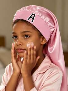Children Girls A-Z Long Satin Hair Bonnet With Elastic Band, Protects Long Braids, Curly Hair & Wigs While Sleeping - Pink - View 3
