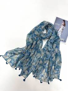 1 pieza Bufanda chal de moda casual con estampado de hojas azules para ir al trabajo - Azul - Ver 9