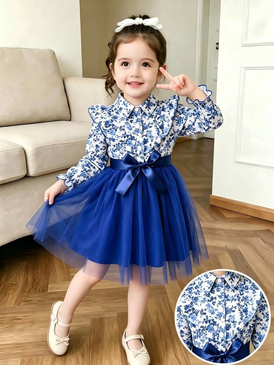 Young Girl Long Sleeve Floral Print Mesh Dress With Woven Belt - Navy Blue - View 1
