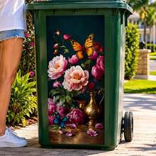 Blommor & fjärilar dekal för soptunna | Vattentät självhäftande trädgårdskorgsklister, avtagbar vinylfilm för utomhussoptunna vid trottoarkanten, dekorativ heminredning - Blommig klistermärke för soptunna - Visa 5