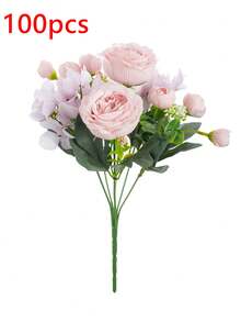1/3/100pcs Pink Artificial Hydrangea, Peony, Silk Rose Flower Bouquet, Suitable For Home Decor, Wedding Bridal Bouquet, Valentine's Day, Birthday Gift, Graduation Ceremony And Other Occasions - Pink - View 9