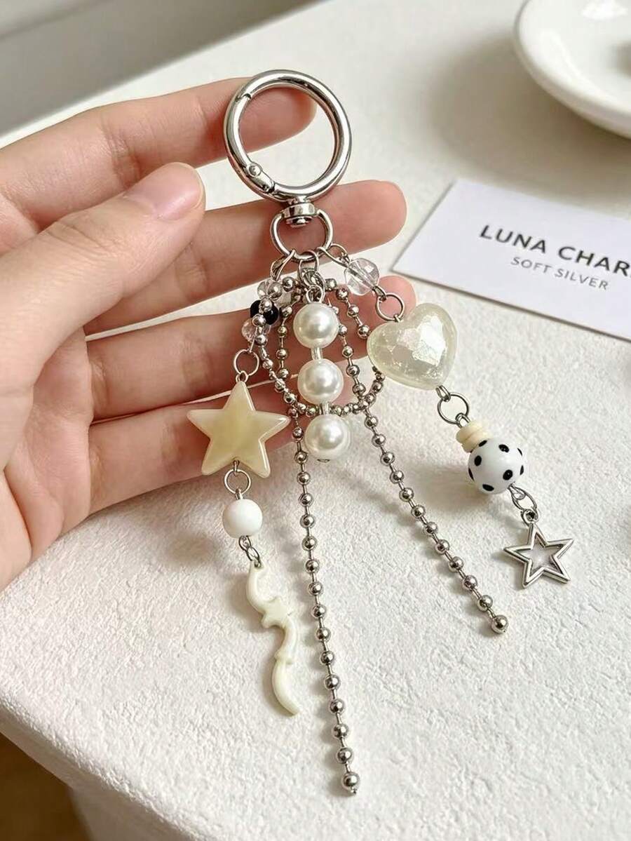 1pc INS Style Five-Pointed Star Keychain With Pearl Heart And Star Bag Charm Accessory - Multicolor - View 1