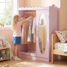 Kids Dress Up Storage With Full Length Mirror, Single Door Cabinet, Hanging Rod Pink - Pink - View 9