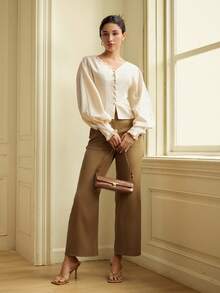 Women's Solid Color V-Neck Elegant Sexy Blouse - Apricot - View 3