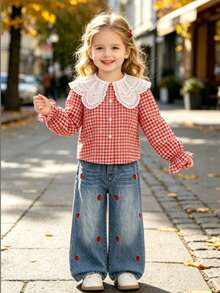 Girls Red Plaid Lace Large Collar Long Sleeve Shirt & Strawberry Embroidered Loose Wide Leg Denim Jeans 2pcs Set, Spring/Autumn - Red - View 1