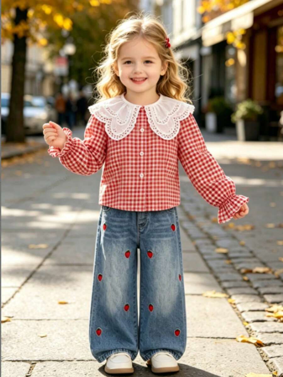 Girls Red Plaid Lace Large Collar Long Sleeve Shirt & Strawberry Embroidered Loose Wide Leg Denim Jeans 2pcs Set, Spring/Autumn - Red - View 1