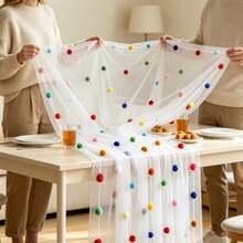 Cute Party Tablecloth With 3D Velvet Pom Poms, Colorful Polka Dot Confetti Tulle Table Runner, Macaron Color Mesh Tulle Rainbow Table Decor, Suitable For Birthday, Wedding, Home, Baptism Party - Multicolor - View 3