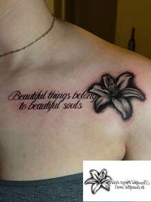 1pc Black & Gray Realistic Lily Flower English Text Tattoo Sticker, Gentle Meaningful Short Phrase Lily Flower Pattern, Elegant Temporary Sticker For Women's Collarbone & Shoulder Strap - Multicolor - View 3