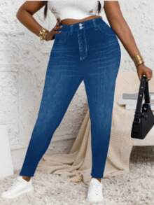 Plus Size Denim Effect Print Slim Fit Cropped Pants, High Waist Slim Fit Spring Summer Autumn Pants, Medium Stretch Fabric, Suitable For Autumn Fashion - Royal Blue - View 1