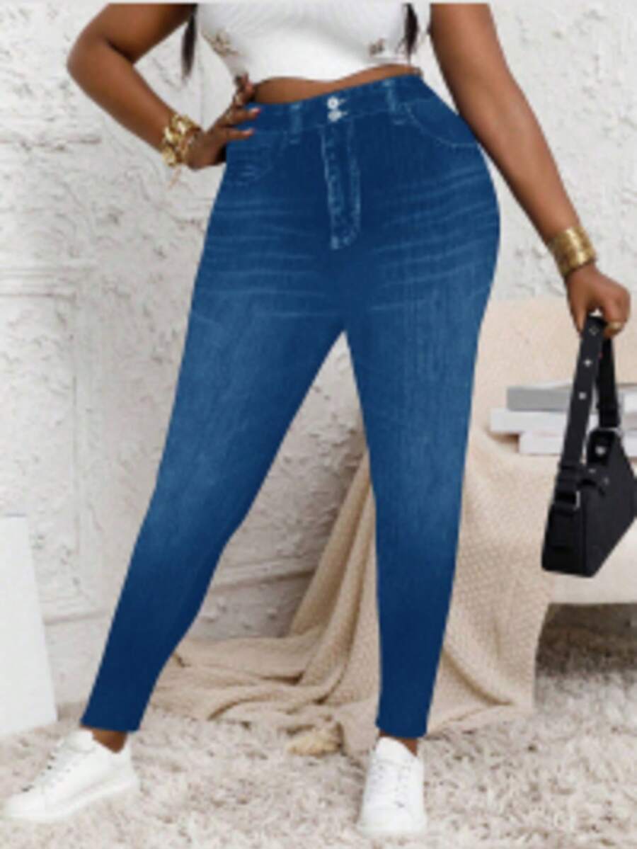 Plus Size Denim Effect Print Slim Fit Cropped Pants, High Waist Slim Fit Spring Summer Autumn Pants, Medium Stretch Fabric, Suitable For Autumn Fashion - Royal Blue - View 1