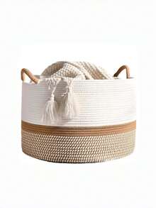 1pc Large 3-Color Cotton Rope Laundry Basket With Dual Handles, Soft Foldable Round Storage Bin For Blankets, Towels, Clothes, Toys And Pillows, Bohemian Style Bedroom, Bathroom, Nursery, Laundry Room And Dorm Storage Basket - Brown - View 10