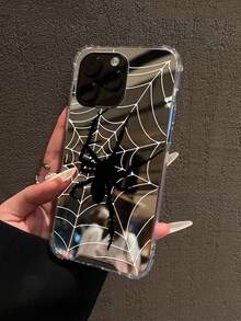 Black Realistic Spider White Cobweb Mirror Phone Case, Compatible With IPhone 11/17/17pro/13/14/15/15pro/15 Plus/15 Promax/16/16pro/16plus/16promax/7 8 Plus/X/Xs Max/Xr/17Air/12pro/13pro/14pro/17Promax/13mini/11promax/12promax/13promax/14promax/14plus/7/8/Se, Compatible With Samsung Galaxy/A54 A14 A15 S23 S24 S24ultra S25 A07 A17 S26 A57, Dark Cool Shockproof Phone Case - Multicolor - View 1