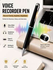 2026 New Upgraded Type-C Voice Recorder, One-Key Recording And Playback, Smart Touch Recording Device, Suitable For Lectures, Meetings, Classrooms, Work, Interviews, 180mAh Battery (Direct Data Transfer, No Card Reader Needed) - View 2