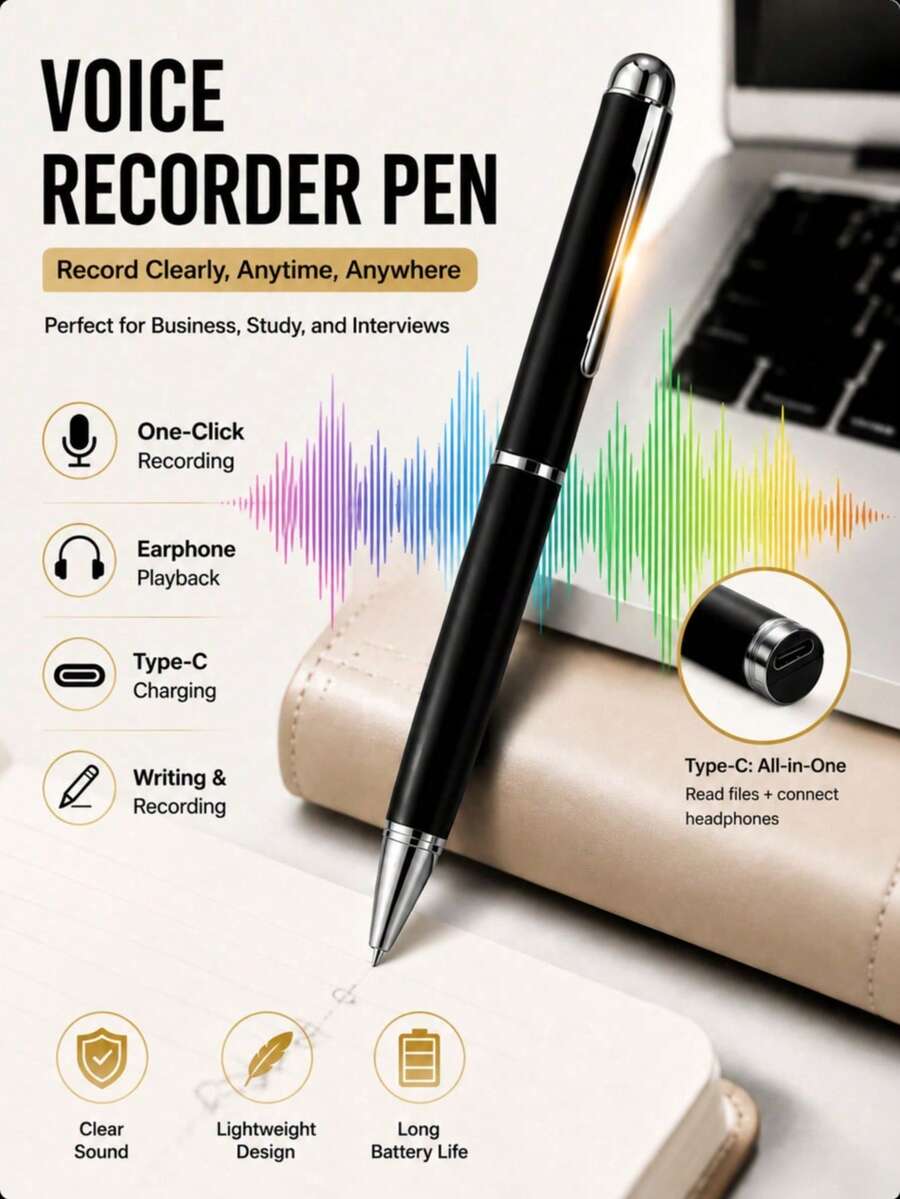2026 New Upgraded Type-C Voice Recorder, One-Key Recording And Playback, Smart Touch Recording Device, Suitable For Lectures, Meetings, Classrooms, Work, Interviews, 180mAh Battery (Direct Data Transfer, No Card Reader Needed)