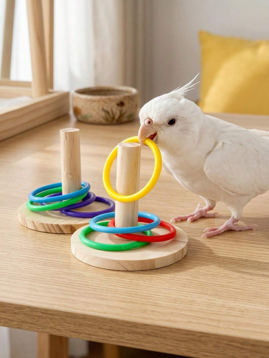 1Pc Wooden Parrot Ring Stacking Toy, Colorful Plastic Rings Bird IQ Training Toy, Interactive Chewing Enrichment Toy For Cockatiel, Budgie, Conure, Pet Bird Cage Accessory Supplies - View 1