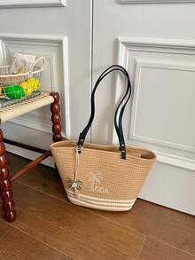 Borsa tote in paglia da donna, ricamo di alberi di cocco con ciondolo di perline, borsa a spalla casual estiva da spiaggia - Cachi - Visualizzare 3