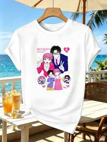 T-shirt anime con stampa grafica, stile otaku carino, adatta alla primavera, casual, traspirante, design grafico - Bianco - Visualizzare 2