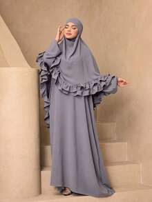 時尚百搭純色連帽蕾絲冰絲皺褶長款罩衫 2 件組 女款優雅柔軟 Abaya 外罩袍 + 連帽蕾絲披肩套裝 防曬穆斯林服飾披肩 - 灰色 - 查看 2